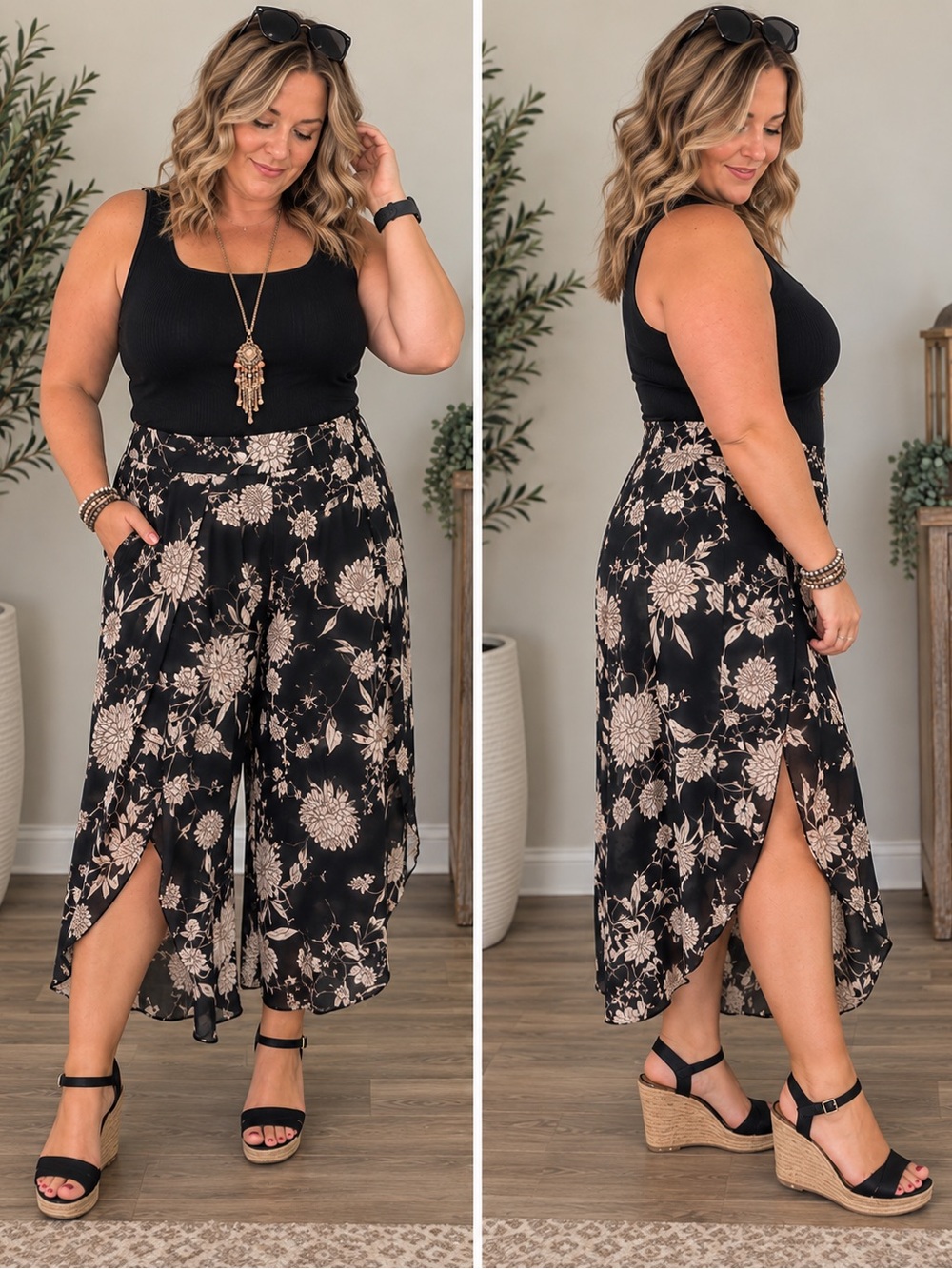 Maurices Black Floral Split Wide-Leg Palazzo Pants